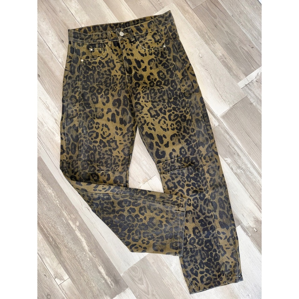 Unbranded Leopard Print Barrel Jeans Women Olive Black Animal Size S